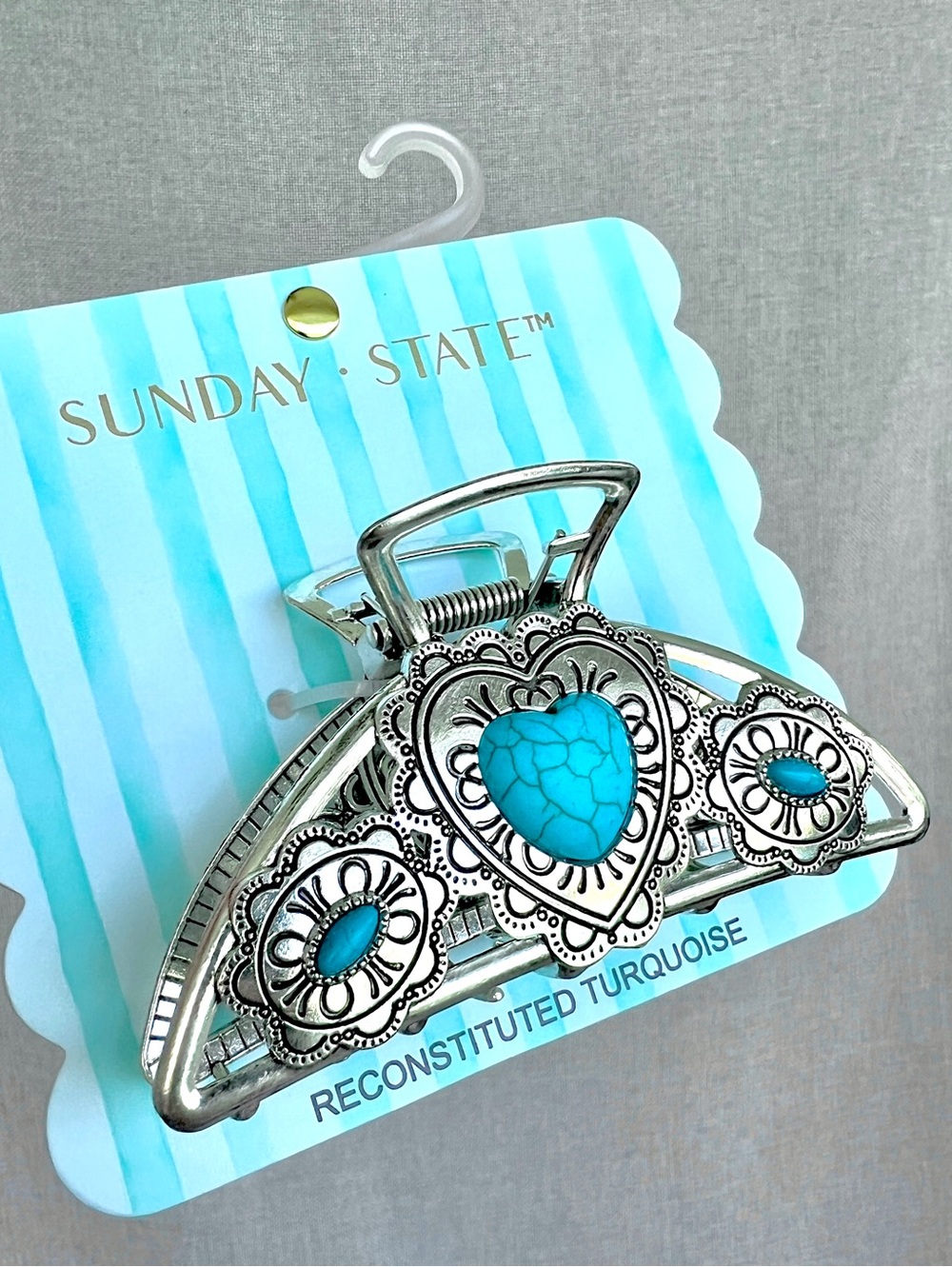 Sunday State Silver Turquoise Western style metal claw jaw hair clip NWT